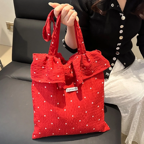 Women Canvas Floral Tote Bag With Ruffle Edge Seersucker Texture Large Capacity Shoulder Bag Fairy Style Summer Beach Handbag