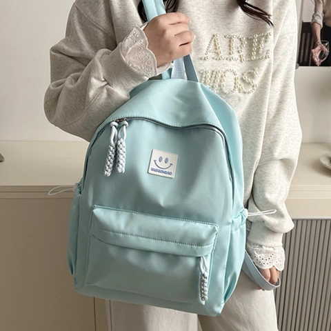 Japanese Korean Style Canvas Backpack For Women Girls Smile Face Large Capacity Student School Travel Outdoor Shoulder Bag
