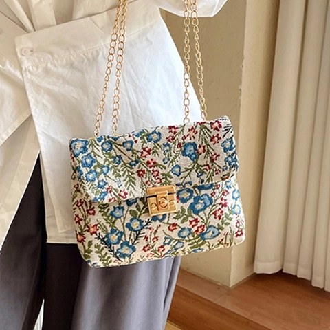 Women Vintage Floral Canvas Shoulder Bag Korean Ethnic Print Chain Crossbody Bag Square Lock Casual Envelope Handbag
