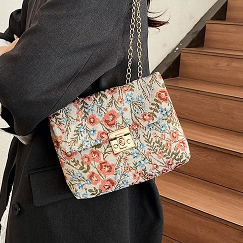 Women Vintage Floral Canvas Shoulder Bag Korean Ethnic Print Chain Crossbody Bag Square Lock Casual Envelope Handbag