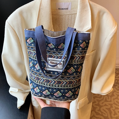 Damen Bohemian Gestrickte Tragetasche Ethno Geometrisches Muster Baumwollleinen Handtasche Casual Reise Handtasche