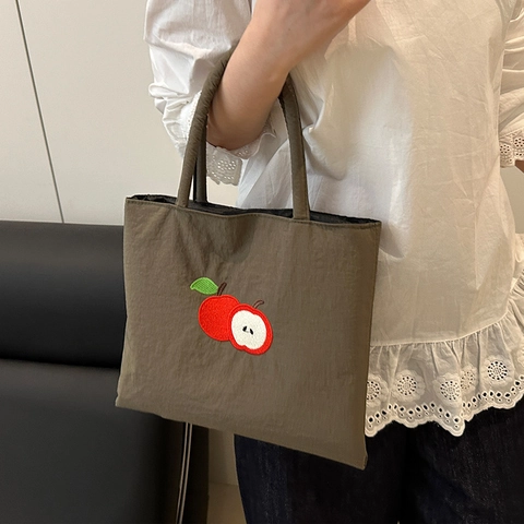 Damen Casual Canvas Tote Bag Mit Künstlerischer Apfel Stickerei Große Kapazität Umhängetasche Einfache Mode Pendler Handtasche
