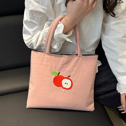 Damen Casual Canvas Tote Bag Mit Künstlerischer Apfel Stickerei Große Kapazität Umhängetasche Einfache Mode Pendler Handtasche