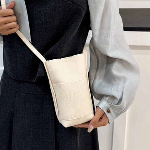 Women Minimalism Lychee Texture PU Leather Mobile Phone Bag Mini Vertical Square Shoulder Crossbody Bag With Front Pocket