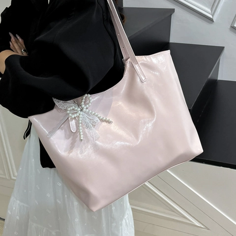 Sac Cabas Femme Grande Capacité en Cuir PU Avec Chaîne à Nœud en Perles Élégant Sac à Épaule pour le Travail Quotidien