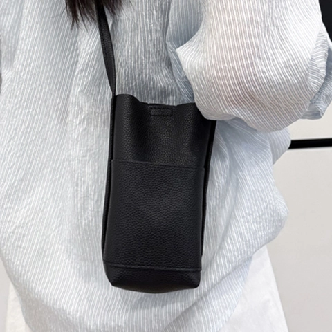 Women Minimalism Lychee Texture PU Leather Mobile Phone Bag Mini Vertical Square Shoulder Crossbody Bag With Front Pocket