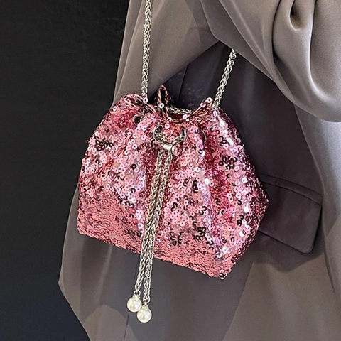 Borsa a Secchiello in Lustrini da Donna Minimalista Urbana Borsa a Tracolla con Catena Coulisse con Perle Artificiali Mini Borsa da Sera