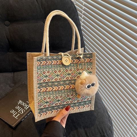 Borsa Tote in Tessuto Etnico Vintage da Donna in Cotone e Lino con Motivo Geometrico Borsa a Tracolla con Ciondolo Elf in Peluche