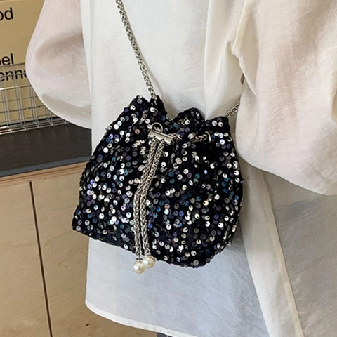 Borsa a Secchiello in Lustrini da Donna Minimalista Urbana Borsa a Tracolla con Catena Coulisse con Perle Artificiali Mini Borsa da Sera