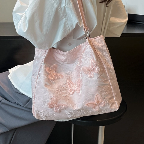 Bolso de Hombro de Encaje con Mariposa Gran Capacidad Aplique 3D Jacquard Tote Bag Chic Elegante Bolso de Axila para Mujer