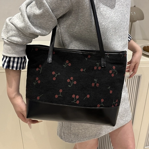 Sac Fourre-tout Doux Imprimé Cerise pour Femmes Velours Côtelé PU Cuir Patchwork Grande Capacité Sac à Épaule Décontracté Étudiant