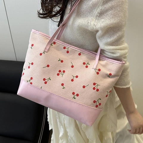Sac Fourre-tout Doux Imprimé Cerise pour Femmes Velours Côtelé PU Cuir Patchwork Grande Capacité Sac à Épaule Décontracté Étudiant