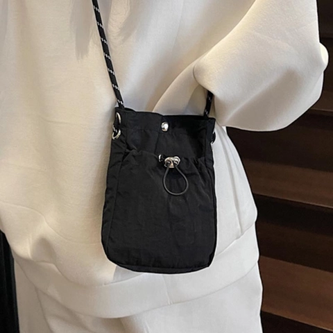 Mini Borsa a Tracolla in Tela da Donna Piccola Borsa per Cellulare Casual Coulisse Secchiello Con Tracolla in Corda Intrecciata