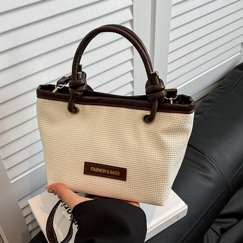 Damen Gewebte Eimertasche PU Leder Patchwork Stroh Optik Umhängetasche Geknoteter Griff Sommer Strand Casual Mode
