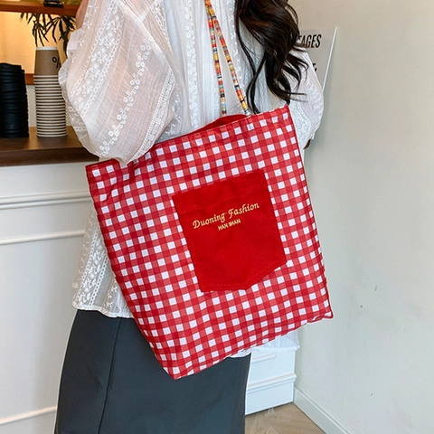 Women Casual Canvas Tote Bag Gingham Grid Pattern Embroidered Large Capacity Shoulder Bag With Colorful Braided Strap