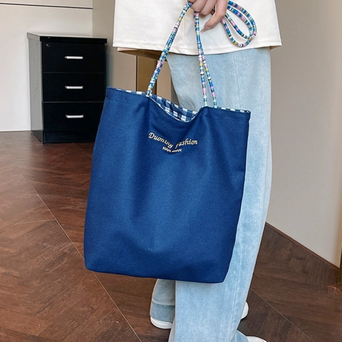 Women Casual Canvas Tote Bag Gingham Grid Pattern Embroidered Large Capacity Shoulder Bag With Colorful Braided Strap