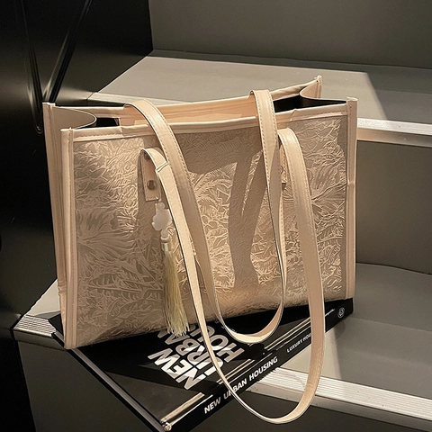 Damen Große Kapazität PU Leder Tote Bag Botanisch Geprägte Schultertasche Mode Pendeln Handtasche Mit Quasten-Anhänger Für Schule Alltag