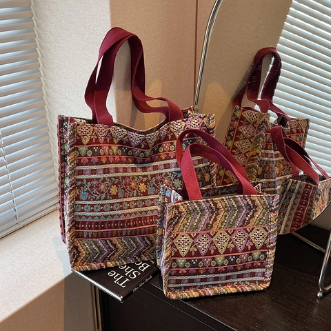 Bohemian Ethnische Jacquard Leinwand Tote Bag Für Damen Retro Geometrische Blumenmuster Große Kapazität Schultertasche