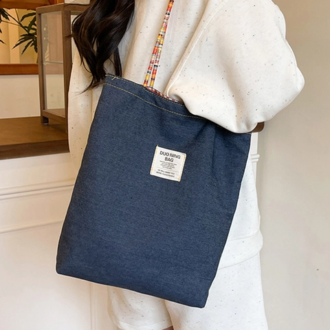 Vintage Plaid Canvas Denim Tote Bag For Women Patchwork Contrast Color Shoulder Bag With Rainbow Braided Handle Casual Travel Handbag