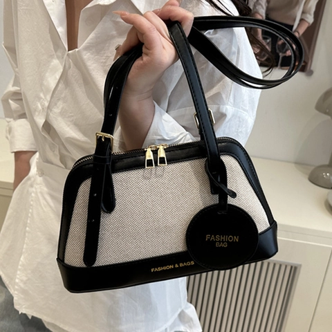 Bolso Boston Vintage de Empalme de Contraste para Mujer Lona Cuero PU Bolso de Mano Bowling Bolso de Hombro Bolso de Moda