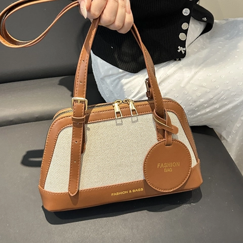 Bolso Boston Vintage de Empalme de Contraste para Mujer Lona Cuero PU Bolso de Mano Bowling Bolso de Hombro Bolso de Moda