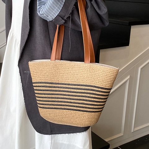 Women Large Capacity Striped Straw Tote Bag Summer Beach Vacation Shoulder Bag With Lace Bow Handmade Woven Handbag