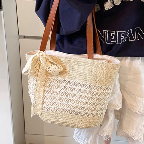 Women Large Capacity Striped Straw Tote Bag Summer Beach Vacation Shoulder Bag With Lace Bow Handmade Woven Handbag
