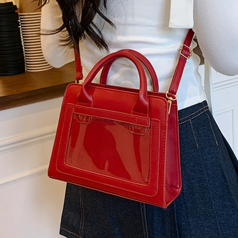 Borsa a Tracolla Quadrata in Pelle PU Vintage per Donna Borsa a Mano con Design a Finestra Trasparente per il Pendolarismo