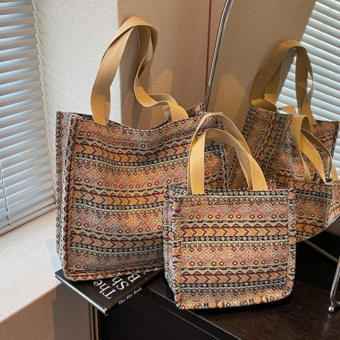Borsa Tote Intrecciata con Motivo Geometrico Boemo Grande Capacità Borsa a Tracolla in Tela Stile Etnico Vintage Donna
