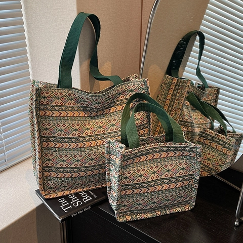 Borsa Tote Intrecciata con Motivo Geometrico Boemo Grande Capacità Borsa a Tracolla in Tela Stile Etnico Vintage Donna