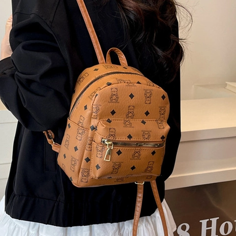 Sac à Dos Mini Imprimé Ours pour Femmes en Similicuir Petit Sac à Bandoulière Mode Coréenne Sac à Dos Décontracté Polyvalent