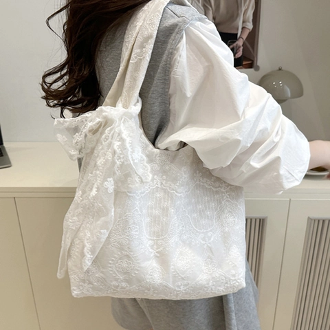 Sac Fourre-tout en Toile de Dentelle Fraîche de Style Coréen pour Femmes Broderie Florale Nœud Sac à Épaule Grande Capacité