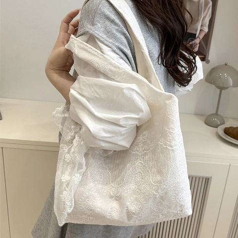 Sac Fourre-tout en Toile de Dentelle Fraîche de Style Coréen pour Femmes Broderie Florale Nœud Sac à Épaule Grande Capacité