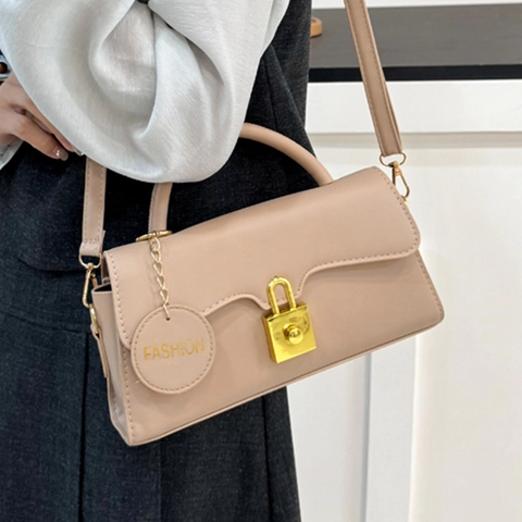 Vintage Women PU Leather Small Square Shoulder Bag Fashion Gold Lock Buckle Stitching Crossbody Bag Solid Color Daily Casual Handbag