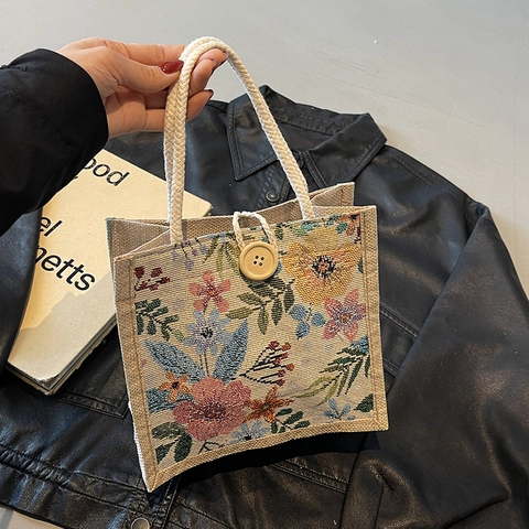 Borsa a Mano in Cotone e Lino Floreale da Donna Borsa Tote Grande Capacità Stile Coreano Borsa Bento in Tela per Lavoro Viaggio