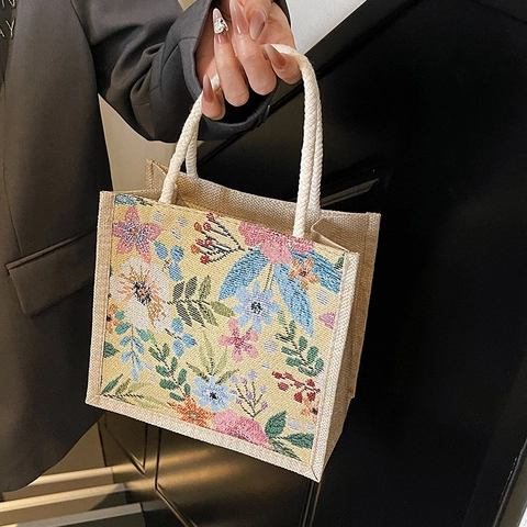 Borsa a Mano in Cotone e Lino Floreale da Donna Borsa Tote Grande Capacità Stile Coreano Borsa Bento in Tela per Lavoro Viaggio