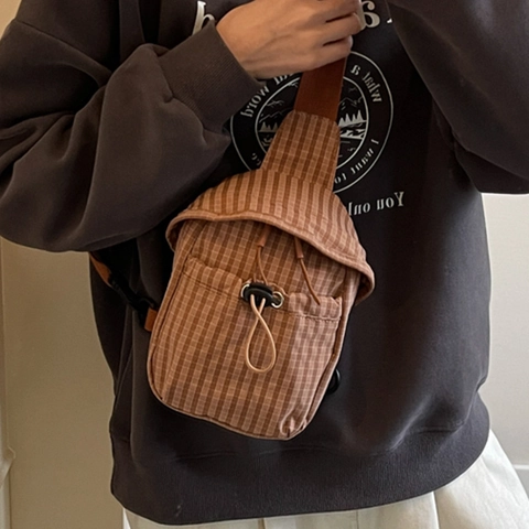 Japanese Style Checkered Canvas Crossbody Bag For Women Drawstring Casual Phone Bag Fashion Mini Shoulder Bag Chest Bag