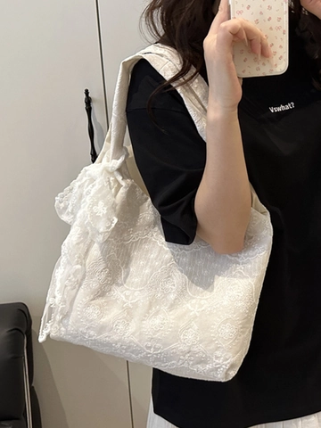 Women's Romantic Lace Embroidery Tote Bag Large Capacity Bow Decor Shoulder Bag French Style Sweet Daily Shopping Handbag