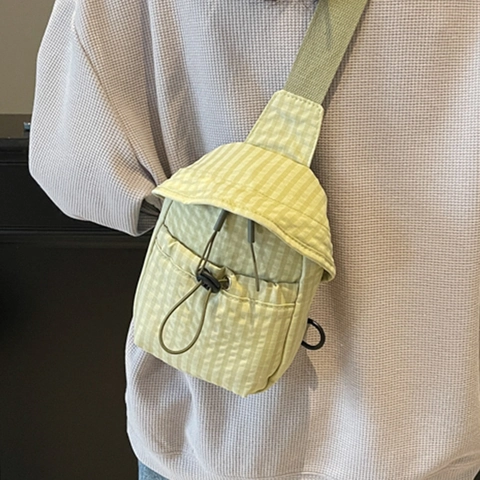 Japanese Style Checkered Canvas Crossbody Bag For Women Drawstring Casual Phone Bag Fashion Mini Shoulder Bag Chest Bag