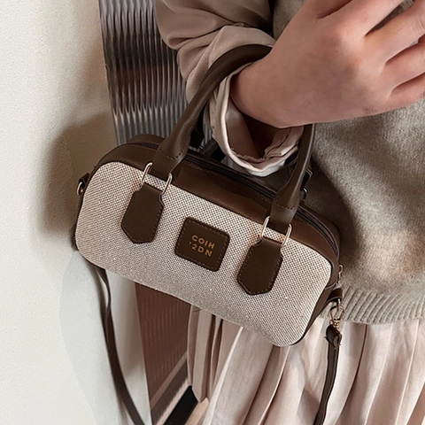 Bolso Boston para Mujer Estilo Británico Vintage Empalme de Lona y PU Bolso de Mano Moda Viaje Diario Bandolera para Mujer