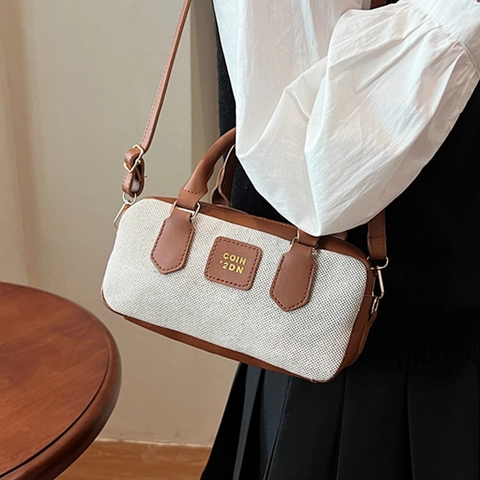 Bolso Boston para Mujer Estilo Británico Vintage Empalme de Lona y PU Bolso de Mano Moda Viaje Diario Bandolera para Mujer