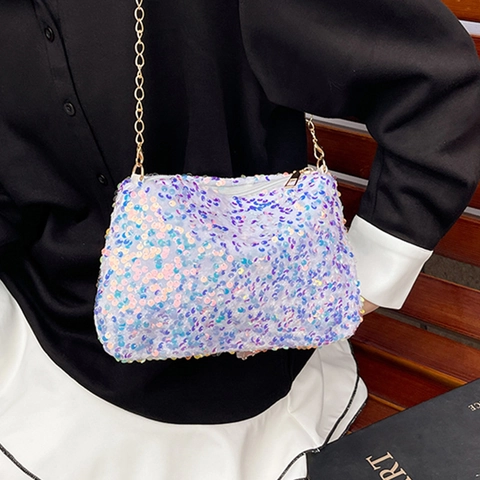 Sac à Bandoulière en PU à Paillettes pour Femmes Chaîne Scintillante Petit Sac Carré Sac à Main de Soirée Sac Messager Pailleté