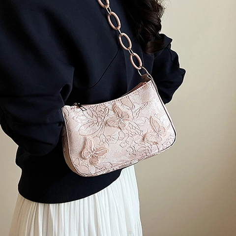 Schmetterling Stickerei Umhängetasche Für Damen Mode Segeltuch 3D Blumen Unterarmtasche Elegante Pendeltasche Mit Kette
