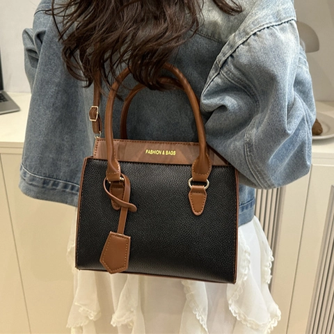 Dames Mode PU Leren Tote Tas Contrastkleur Litchi Textuur Grote Capaciteit Schoudertas Casual Handtas Voor Dagelijks Woon-werkverkeer
