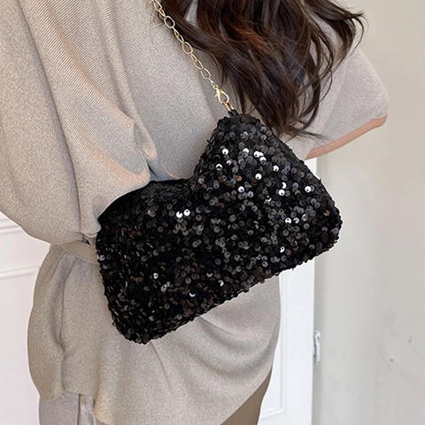 Sac à Bandoulière en PU à Paillettes pour Femmes Chaîne Scintillante Petit Sac Carré Sac à Main de Soirée Sac Messager Pailleté