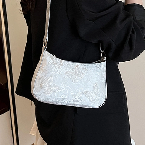 Schmetterling Stickerei Umhängetasche Für Damen Mode Segeltuch 3D Blumen Unterarmtasche Elegante Pendeltasche Mit Kette