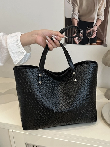 Große Kapazität Gewebte PU Leder Tragetasche Für Damen Vintage Geflochtene Umhängetasche Casual Pendeln Handtasche Mit Nieten
