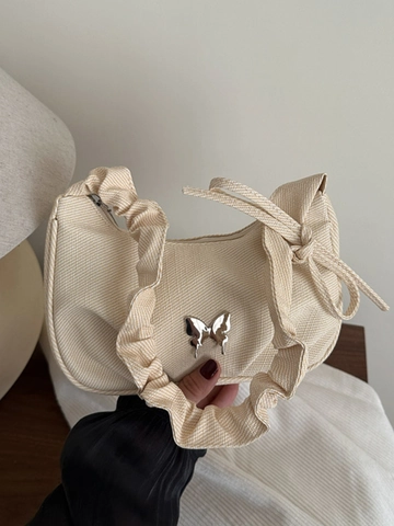 Sac à Épaule en Toile pour Femmes Sac Sous le Bras Vintage avec Bandoulière Froncée Décor Papillon en Métal Sac Hobo Quotidien
