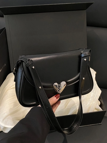 Women Fashion PU Leather Shoulder Bag With Heart Shape Buckle Stitching Detail Adjustable Strap Casual Crossbody Bag