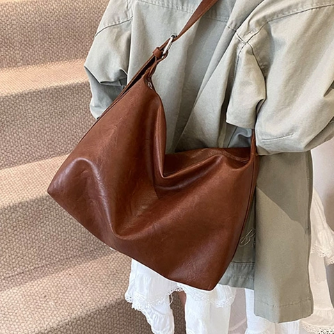 Vintage PU Leather Large Capacity Hobo Shoulder Bag For Women Retro Casual Stylish Commuter Handbag Solid Color Purse